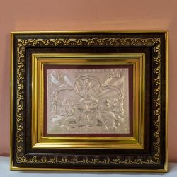 Maa Lakshmi Ganesh And Saraswati Frame, Wooden Frame With Pure Silver Lakshmi Ganesh, Pure Silver Hindu Gods Frame