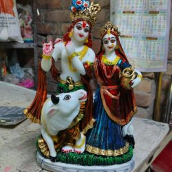 12 Inch Radha Krishna Marble Dust Idol with Cow – Handcrafted Spiritual Murti for Home Décor & Pooja